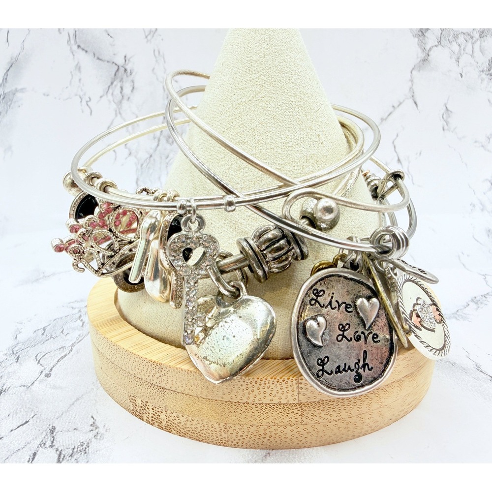 Lot of 5 Silver Tone Charm Bangle Bracelets Heart Key Crown Footnotes